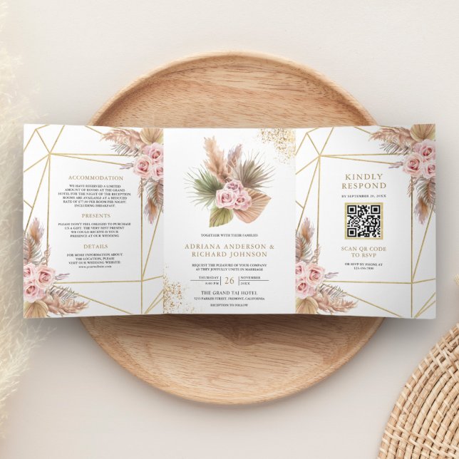 Terrarium Pampas Dusty Pink Roses QR Code Wedding Dreifach Gefaltete Einladung (Von Creator hochgeladen)