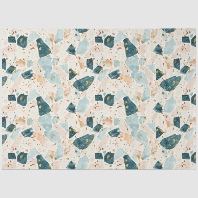 Terrazzo Aquamarin- und Goldmuster-Dekoration Seidenpapier (Vorderseite)