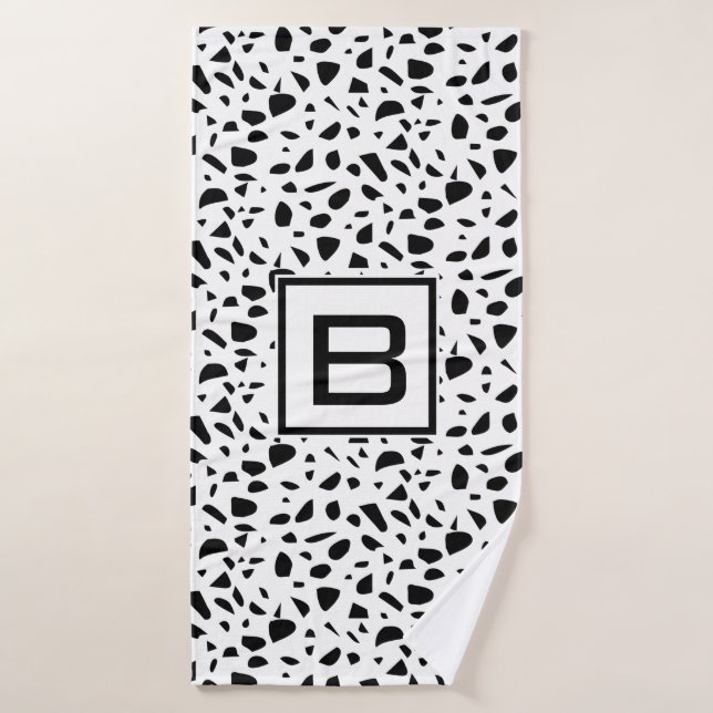 Terrazzo blanc noir motif monogramme initial (Serviette de bain)