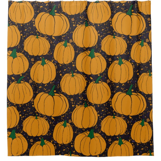Terrazzo Kürbis, Herbst Vintage Muster. Duschvorhang (Vorderseite)