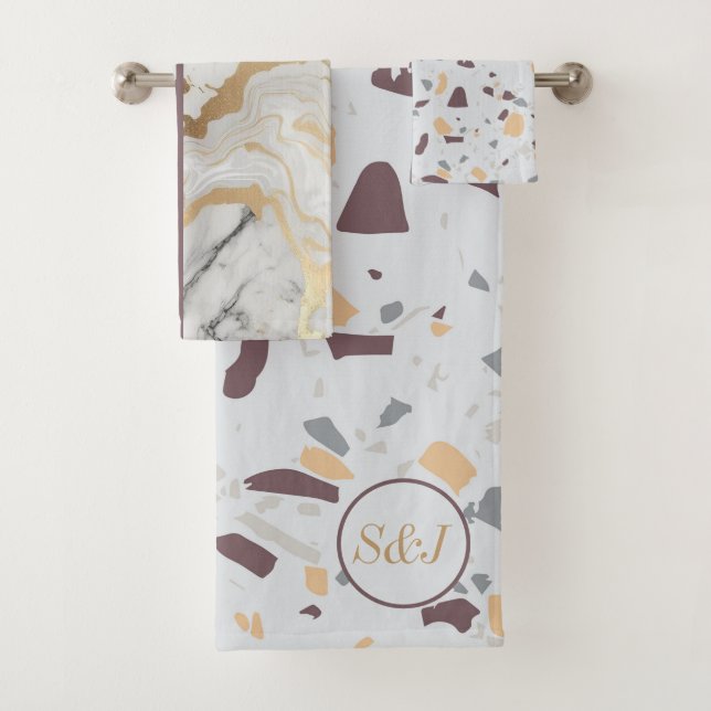 Terrazzo-Marmormuster mit goldfarbenen, benutzerde Badhandtuch Set (Insitu)