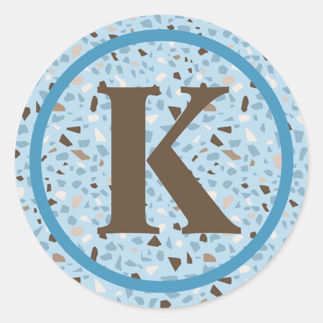 Terrazzo Monogram Blue Tan Brown Modern Runder Aufkleber (Vorderseite)