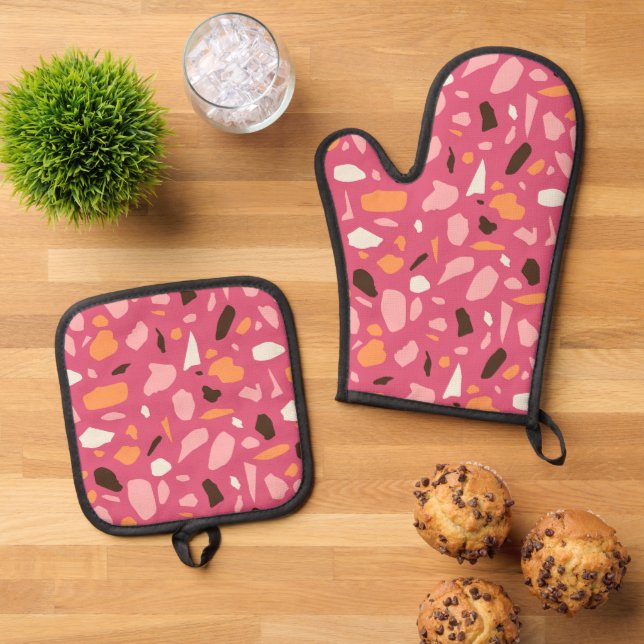 Terrazzo Muster Pink Ofenhandschuh & Topflappen-Set (Oben Unten)