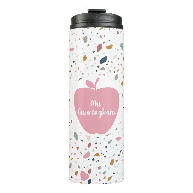 Terrazzo Muster rosa Apfellehrer Thermosbecher (Vorderseite)