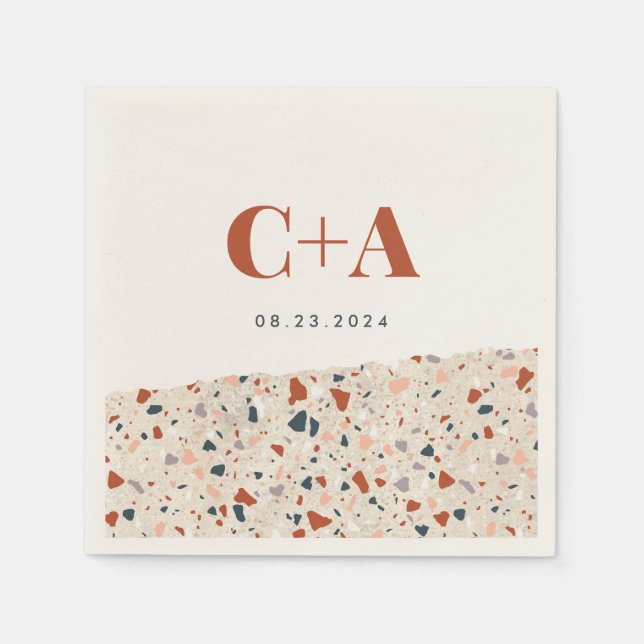 Terrazzo Slab Wedding Monogram und Date Serviette (Vorderseite)