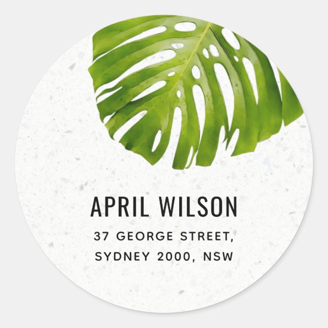 TERRAZZO WHITE GREEN MONSTERA LEAF FOLIAGE ADRESSE RUNDER AUFKLEBER (Vorderseite)