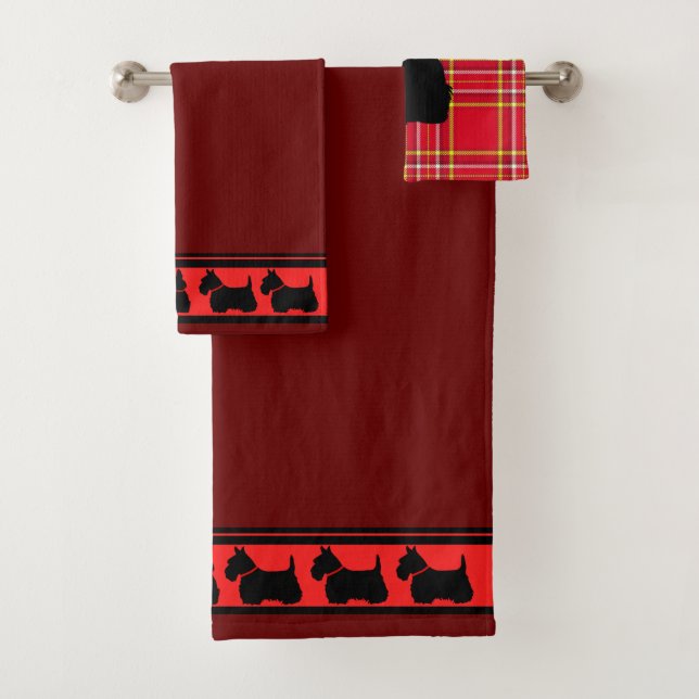 Terrier écossais/collier rouge/plaid rouge/frontiè (En situation)
