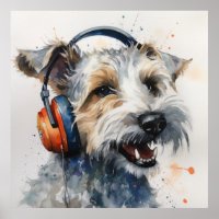 Terrier hört orangefarbene Kopfhörer
