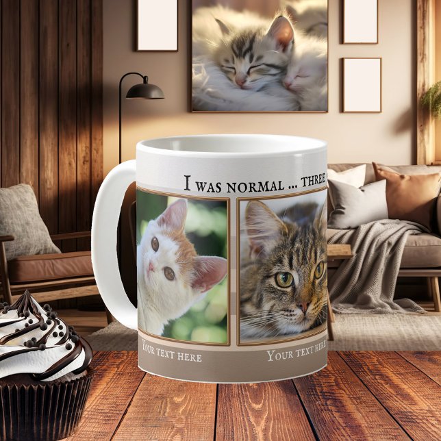Tes 3 Drôle Chat Photos Beige Ivory Striped Mug (Funny cat mug featuring your photos framed by a beige ivory striped design with golden lining)