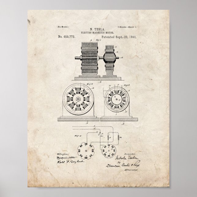 Tesla Electro Magnetmotorpatent - altes Aussehen Poster (Vorne)