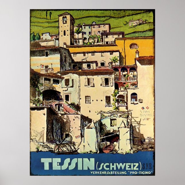 Tessin-Häuser vor dem Stadthafen, Schweiz Poster (Vorne)