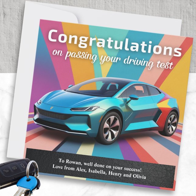 Testfahrten - Farbenfrohe moderne Herzlichen Glück Karte (A colourful congratulations card for someone who has passed their driving test)