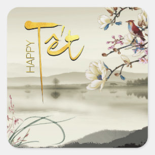 Tet Hoa Anh Dao Vietnamese New Year SqS Quadratischer Aufkleber