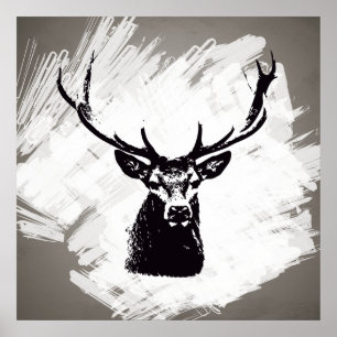 Tête de cerf noir en blanc Poster