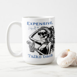 teuer, schwierig und die Gespräche zurückgehen Kaffeetasse