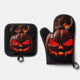 Teufels-Kürbis-Kronen-Halloween-Handschuh-Set Ofenhandschuh & Topflappen-Set