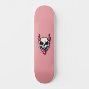 Teufelskerl, der die Zunge auf rosafarbenem Grund Skateboard