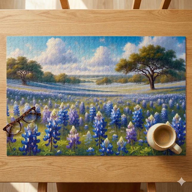 Texas Bluebonnet-Wiesenlandschaft (Texas Bluebonnet Meadow Landscape Jigsaw Puzzle On Table)