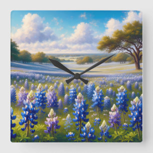 Texas Bluebonnet-Wiesenlandschaft Quadratische Wanduhr