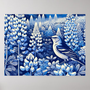Texas Bluebonnets und Northern Mockingbird Texan Poster