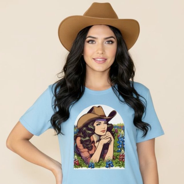 Texas Bluebonnets Vintages Brünettes Cowgirl Shirt (Texas Bluebonnets Vintage Brunette Cowgirl Shirt.)