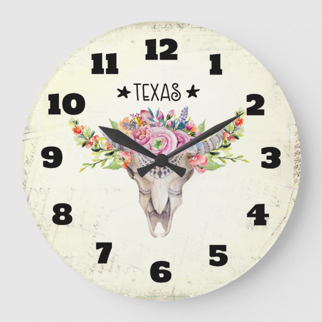 Texas Boho Kuhschädel mit Blume Chic Trendy Große Wanduhr (Vorderseite)