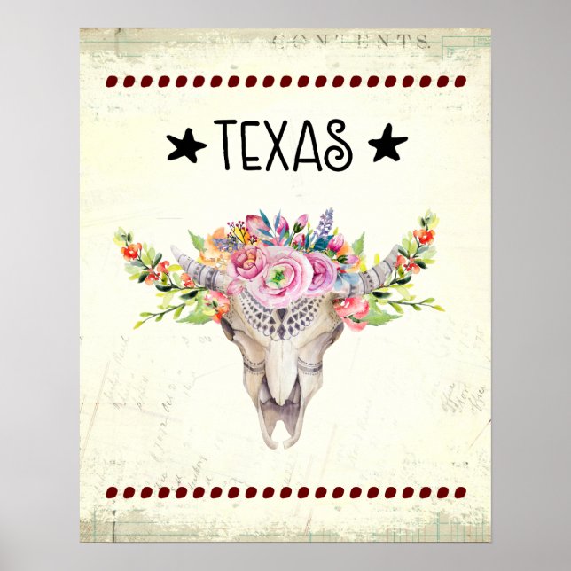 Texas Boho Kuhschädel mit Blume Chic Trendy Poster (Vorne)