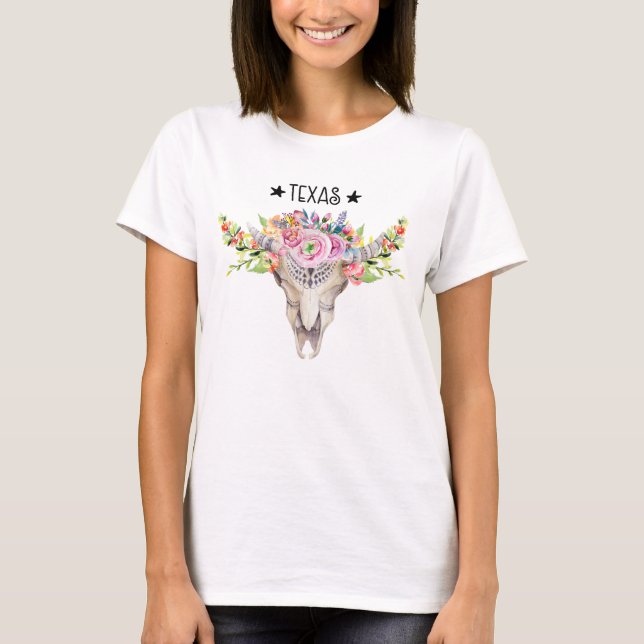 Texas Boho Kuhschädel mit Blume Chic Trendy T-Shirt (Vorderseite)