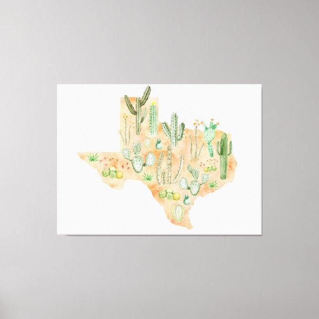 Texas Cactus Watercolor Illustration Map Leinwanddruck (Vorderseite)