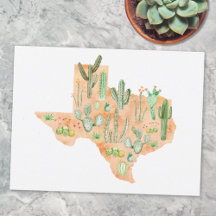 Texas Cactus Watercolor Illustration Map