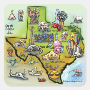 Texas-Cartoon-Karte Quadratischer Aufkleber
