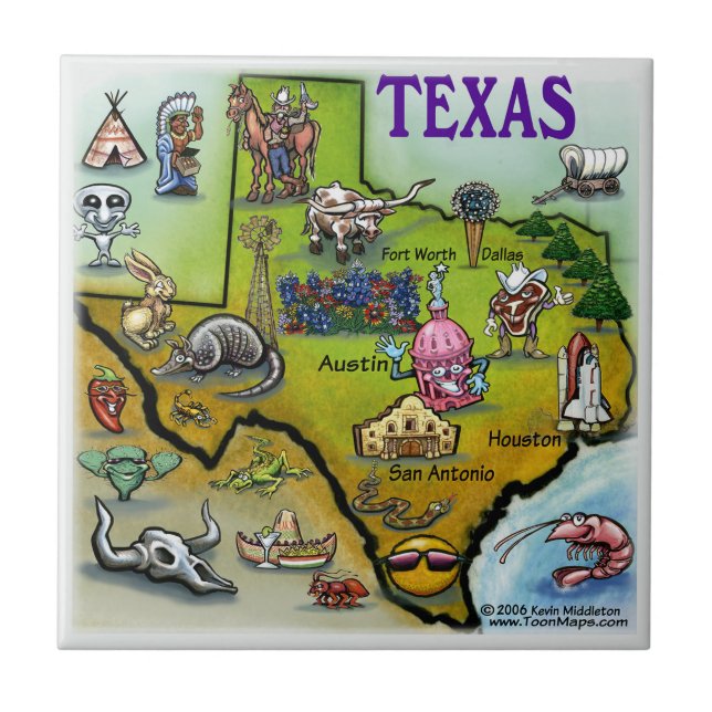 Texas Cartoon Map Fliese (Vorderseite)