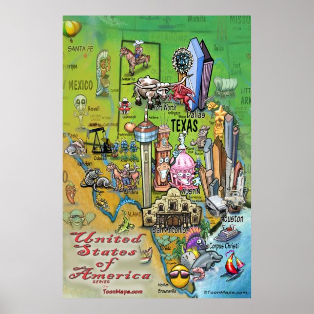 Texas Cartoon Map Poster (Vorne)