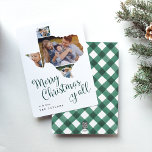 Texas Christmas | Zuhause Staat Multi Foto Collage Feiertagskarte<br><div class="desc">Frohe Weihnachten, du alle! Diese niedliche Texas Ferienkarte zeigt das Sprichwort in whimsical Jäger grün Schrift, die unter einer Silhouette des Staat von Texas, die vier Ihrer Lieblings-Fotos hält. Personalisieren Sie mit Ihrem persönlichen Gruß und Namen am unteren Rand. Die Karten kehren zu einem handgemalten, grünen und weißen Büffel-karierten Muster...</div>