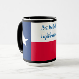 Texas Flag & Port Isabel Leuchtturm auf schwarz Tasse
