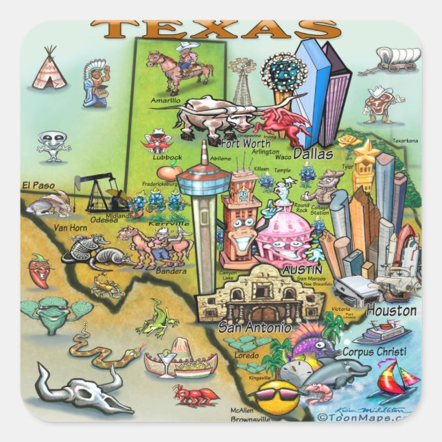 Texas Fun Map Quadratischer Aufkleber (Vorderseite)