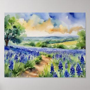 Texas Hill Country Blue Bonnet Wasserfarbe Poster