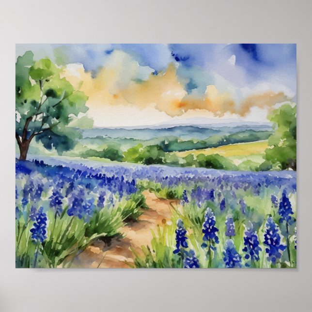 Texas Hill Country Blue Bonnet Wasserfarbe Poster (Vorne)
