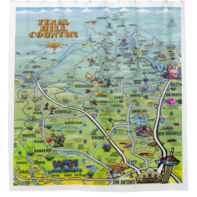Texas Hill Country Cartoon Karte Duschvorhang (Vorderseite)