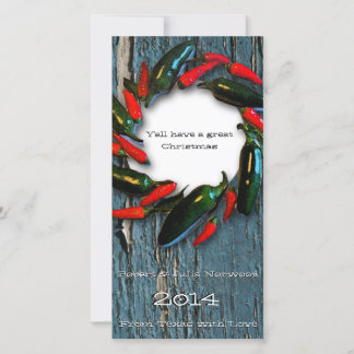 Texas Hot Pepper Wreath Blue Wood Weihnachtskarte Feiertagskarte