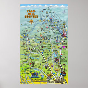 Texas-Hügel-Land-Cartoon-Karte Poster