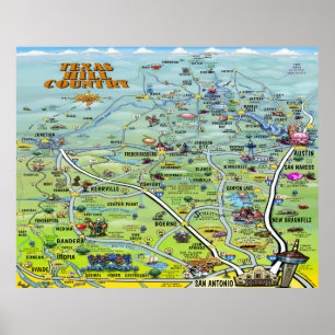 Texas-Hügel-Land-Cartoon-Karte Poster