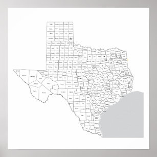 Texas Landkreis Karte mit Landkreis-Namen Poster
