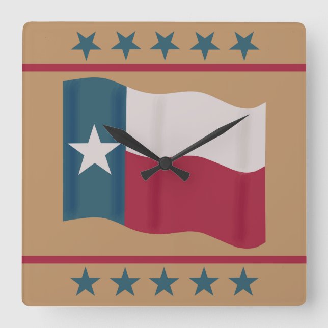 Texas Lone Star Flag Red White Blue Tan Stars Quadratische Wanduhr (Vorderseite)