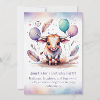 Texas Long Calf Birthday Invitation Pastel Boho  Einladung