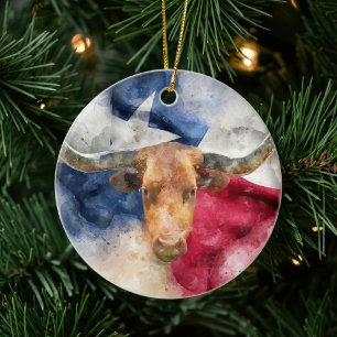 Texas Longhorn Aquarell mit Flaggen-Karten-Kunst Keramik Ornament