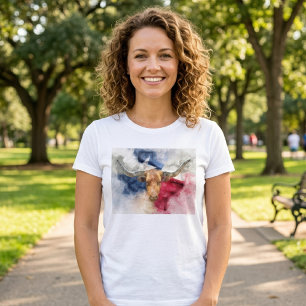 Texas Longhorn Aquarell mit Flaggen-Karten-Kunst T-Shirt