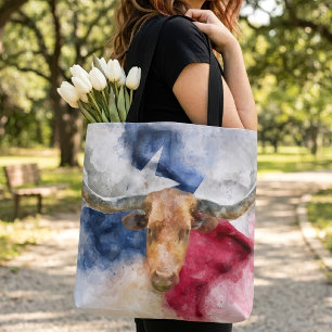 Texas Longhorn Aquarell mit Flaggen-Karten-Kunst Tasche