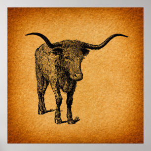 Texas Longhorn Bull Rustikaler Vintager Western Ar Poster