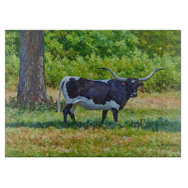 Texas Longhorn Cow Art Glass Cutting Board Schneidebrett (Vorderseite)